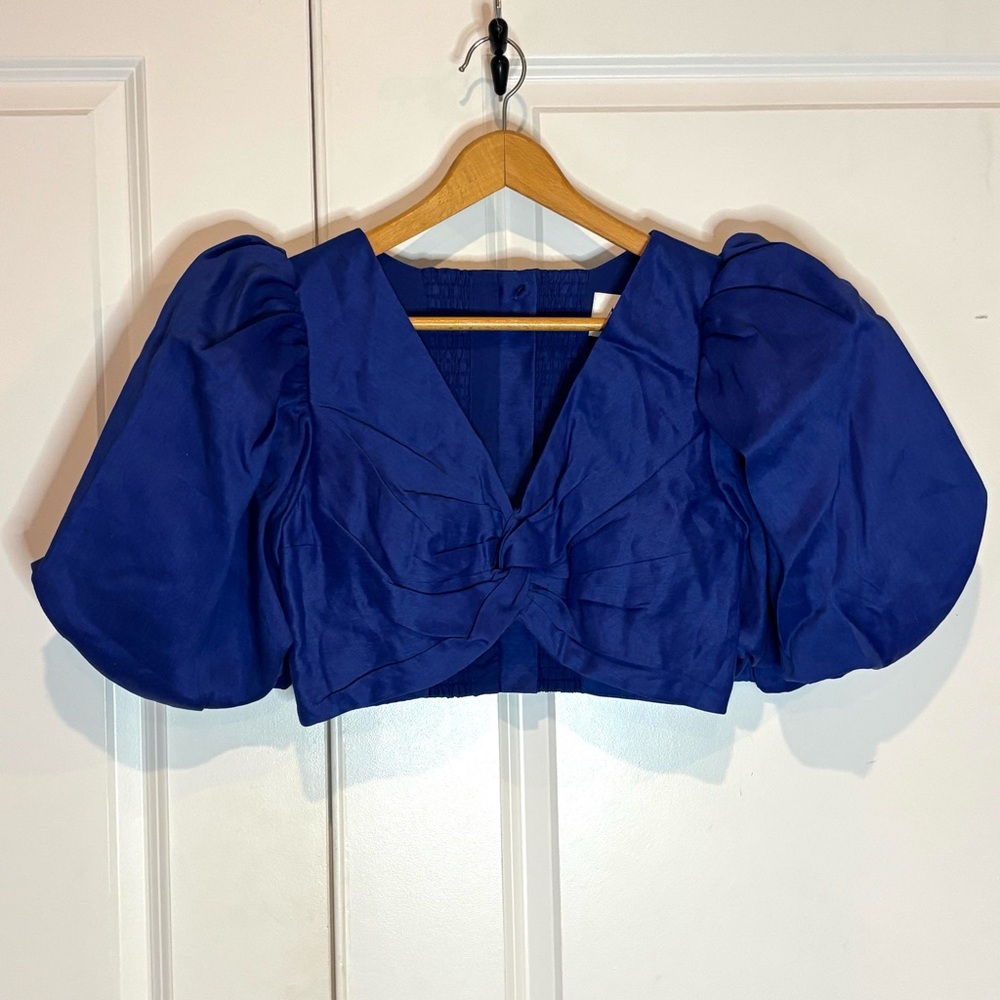 NWT Aje Reverb Puff Sleeve Twist Front Crop Top Button Back Cobalt Blue 4 - Picture 2 of 9